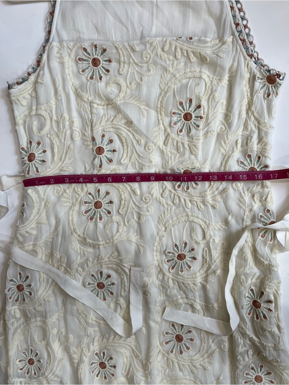 Sundance Cream Embroidered Midi Dress with Ribbon Tie - Picture 15 of 16